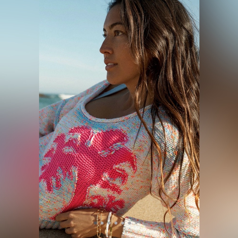 NWT Anthropologie knit palm tree sweater vibrant pink palm tree motif XS - Picture 2 of 8